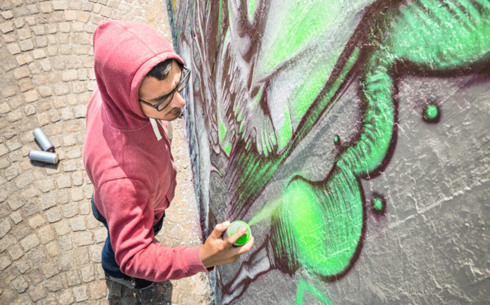Street artist painting colorful graffiti on generic wall - Modern art concept with urban guy performing and preparing live murales with green aerosol color spray - Sunny afternoon neutral filter Sztuka współczesna i jej różne formy