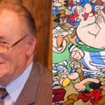 Albert Uderzo i mural przedstawiający bohaterów komiksów z serii Asterix i Obelix