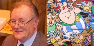 Albert Uderzo i mural przedstawiający bohaterów komiksów z serii Asterix i Obelix