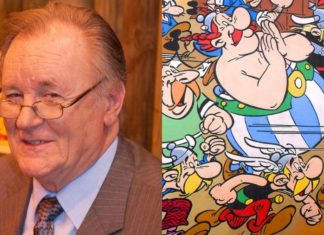 Albert Uderzo i mural przedstawiający bohaterów komiksów z serii Asterix i Obelix