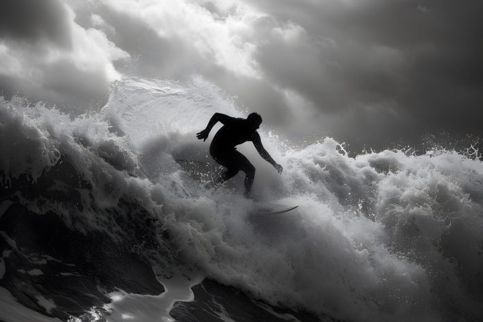 monochromatyczny-portret-osoby-surfujacej-posrod-fal surfer