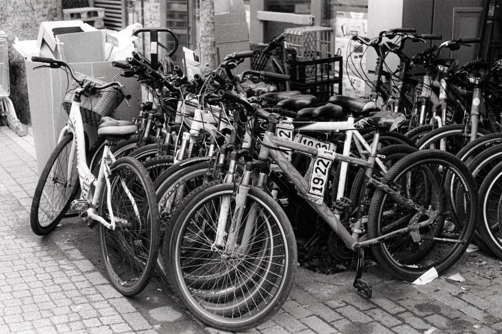  Liczne rowery ustawione obok siebie na parkingu rowerowym – czarno-biała fotografia.